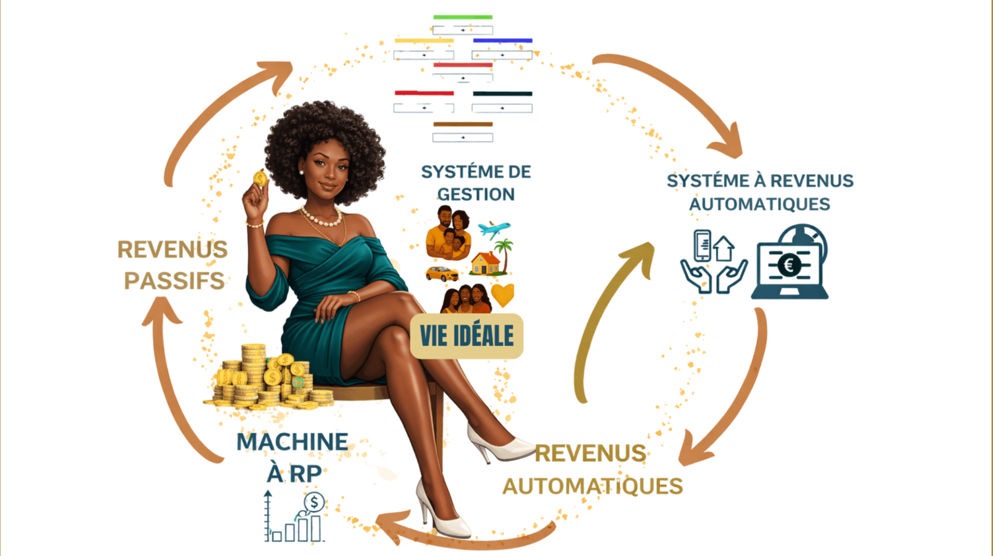 Schéma FODAF : système de gestion, revenus automatiques et machine à revenus passifs autour de la vie idéale