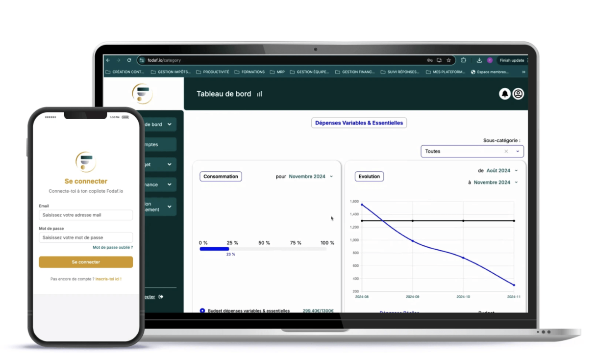 Capture d’écran de FODAF.io sur ordinateur et téléphone, montrant un tableau de bord financier